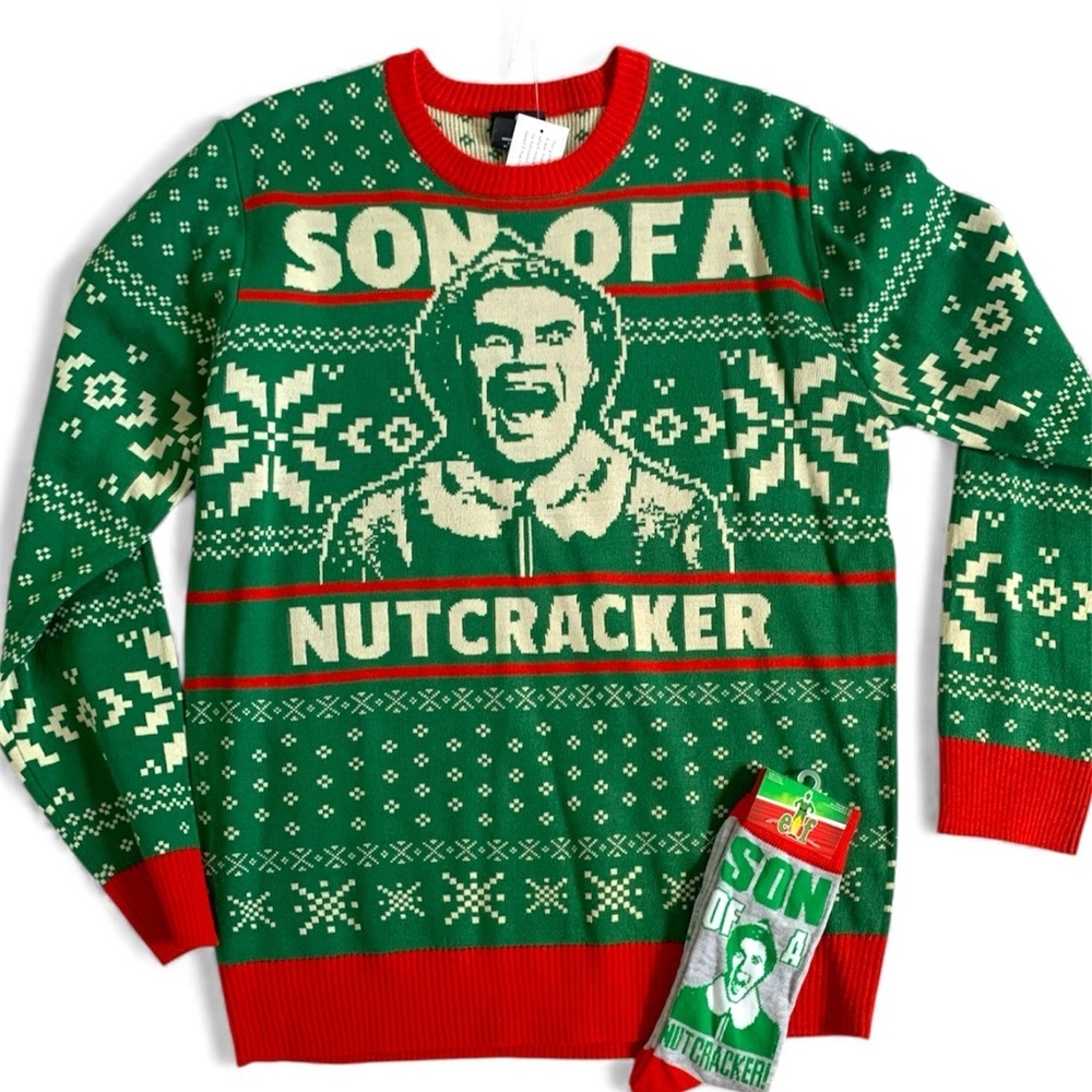 NEW Elf “Son of a Nutcracker” Green Red Holiday Sweater + Bonus Matching Socks
